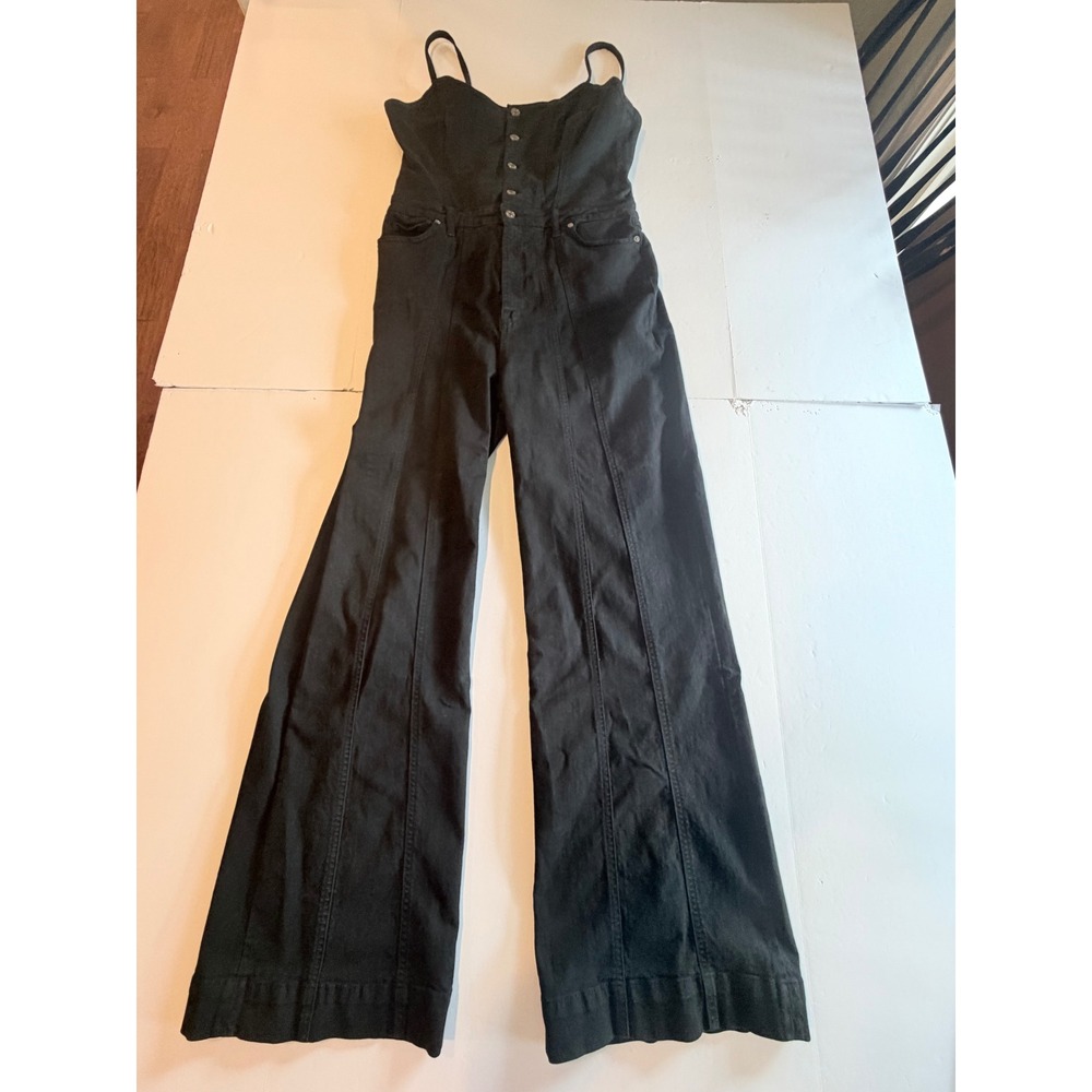 7 For All Mankind Womens Black Denim Wide Leg Jumpsuit Flare XL Button Front